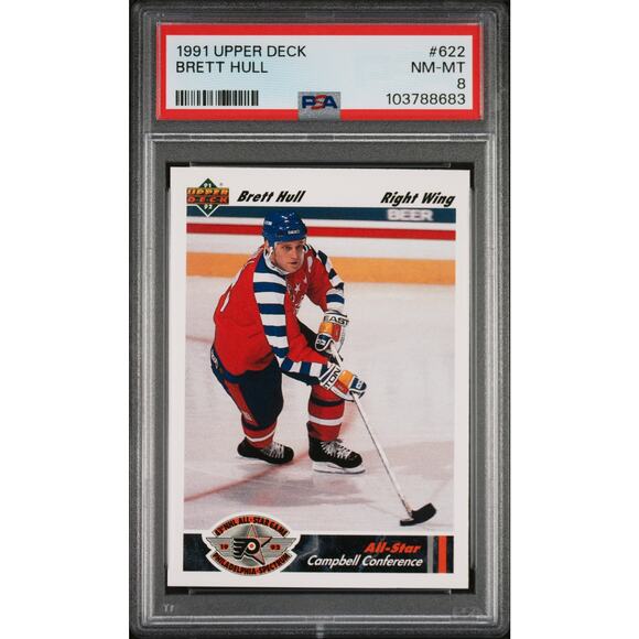 1991 Upper Deck #622 Brett Hull PSA 8 Nm-Mt St. Louis Blues All-Star - Pop 3 - Picture 1 of 2
